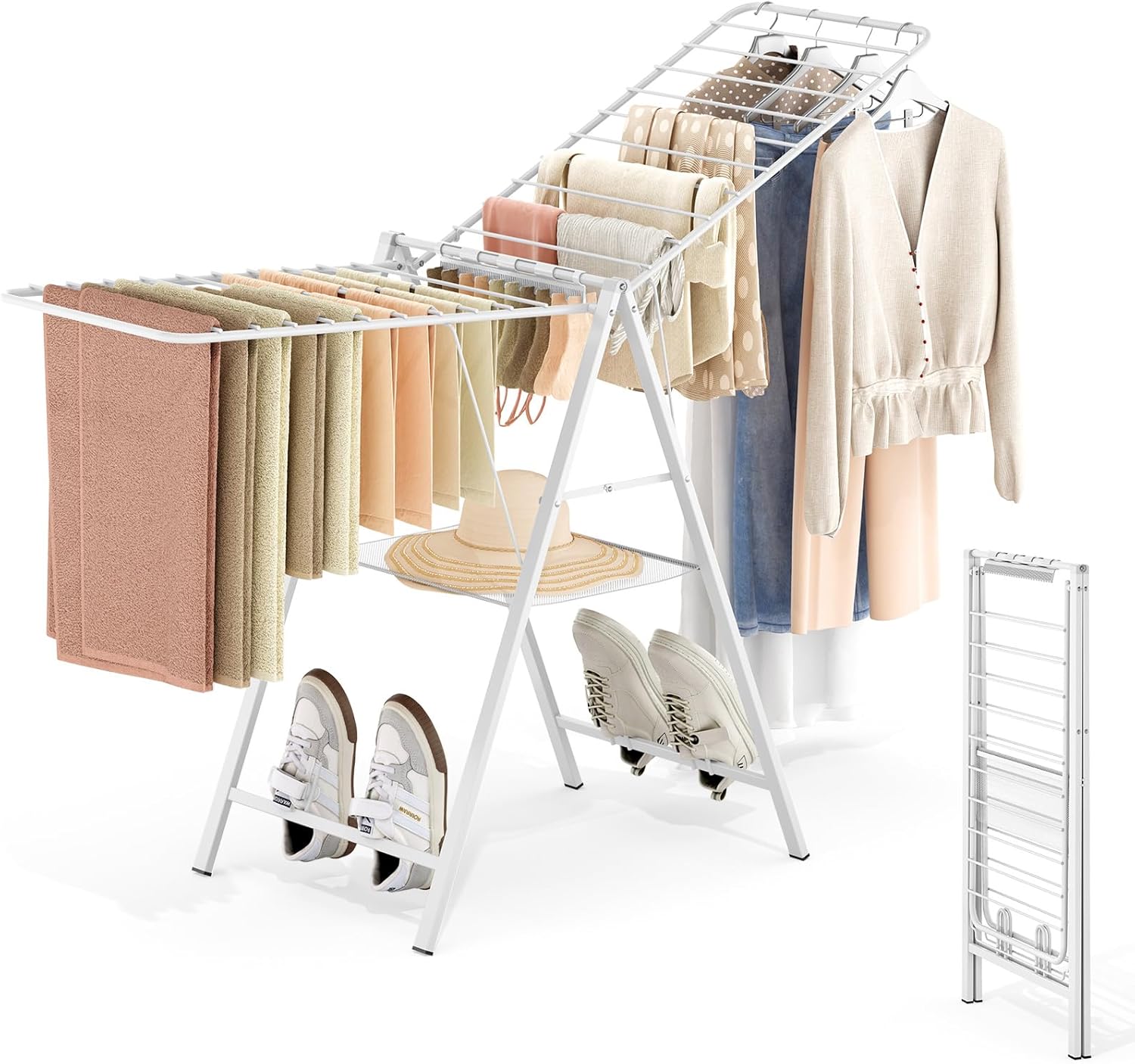 APEXCHASER Drying Rack for Clothing Foldable, Metal Laundry Rack Collapsible, Ultra Thin Gullwing Clothes Airer with Adjustable Height for Towel Baby Clothes Indoor Outdoor Laundry Room, White