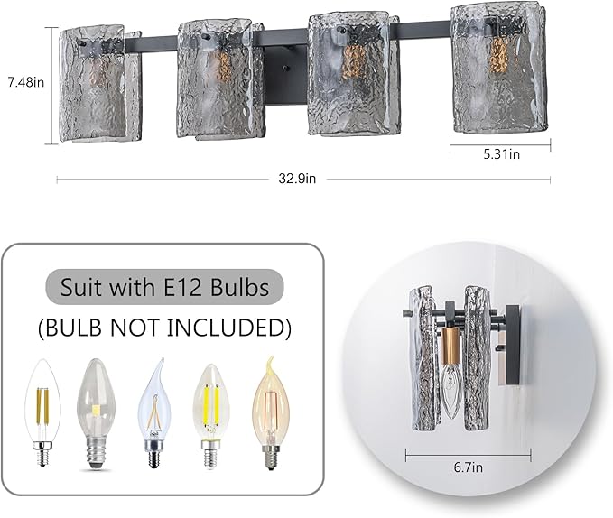 EDISLIVE Vintage Bathroom Vanity Light Black 4-Light Bath Wall Light Fixture with Ripple Block Shades Glass 32.9" E12 Antique Wall Sconce for Bedroom Hallway Living Room Vanity Mirror