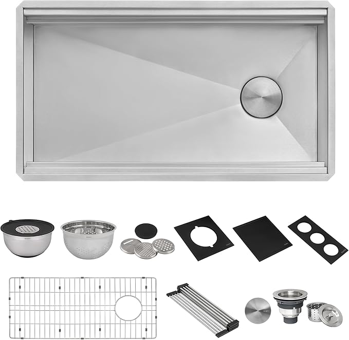 Ruvati 33-inch Workstation Two-Tiered Ledge Undermount Kitchen Sinks 16 Gauge Stainless Steel with Black Composite Accessories - Deep Undermount Sink, Kitchen Sink, Stainless Steel Sinks - RVH8224