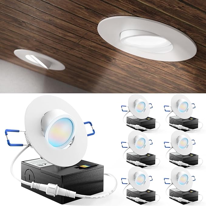 Sunco 6 Pack Adjustable Recessed Lighting 3 Inch LED, Angled Directional Eyeball Canless Gimbal, 500 LM, Selectable CCT 2700K/3000K/4000K/5000K/6000K, Dimmable, 6W, with Junction Box ETL