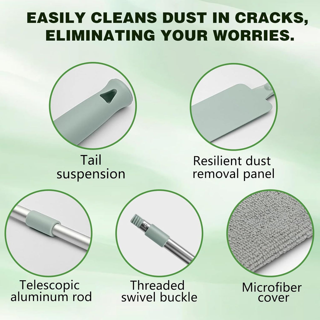 Retractable Gap Dust Cleaning Tool with 2 Microfiber Dusting Cloths,Flat Duster with Extension Pole,Extendable Microfiber Duster with Bendable & Removable Head,Reusable Washable Dusting Wand