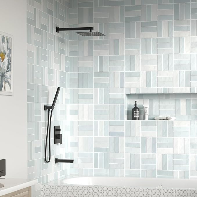 Lava Odoro Modern 3-Setting Square Shower and Tub Faucet Set with Shower Head and Handheld Sprayer Black, Rainfall Shower System with Tub Spout, Shower Valve Trim Kit, Matte Black, SF103-MB-T