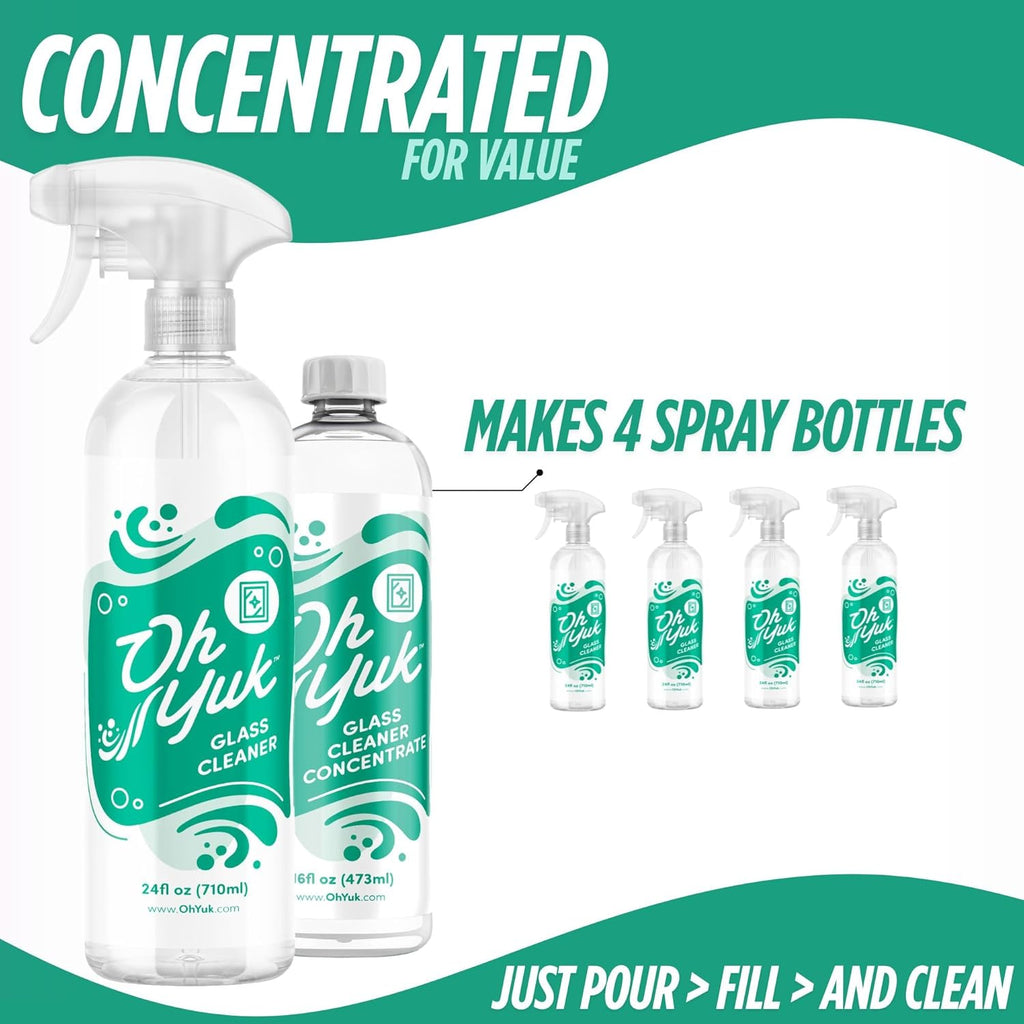 Oh Yuk Glass Cleaner Combo – Includes 24 oz Spray + 16 oz Concentrate Refill (Makes 5 Sprays) | Streak-Free Cleaning for Mirrors, Windows & More | Vegan, Made in USA