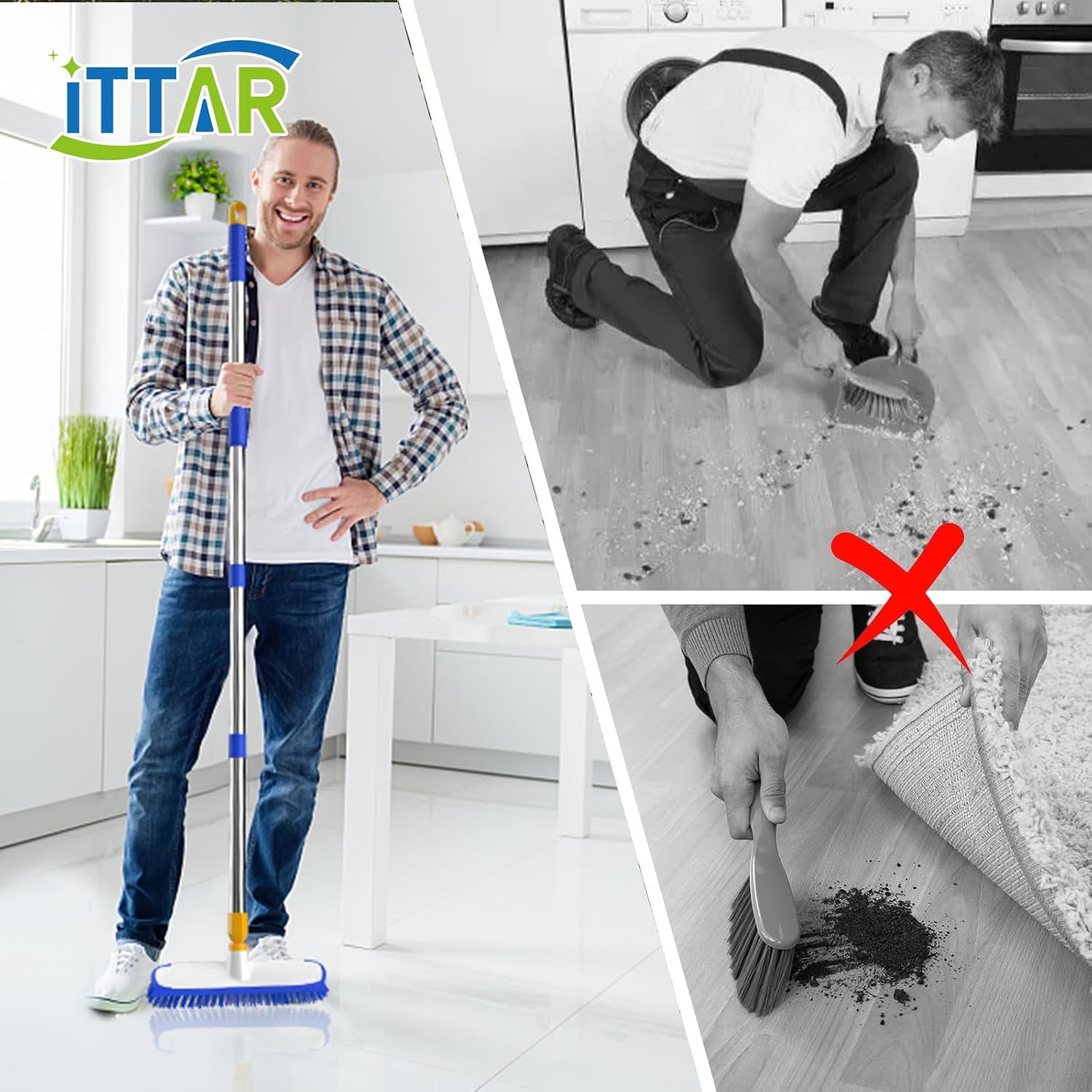 ITTAR 12" Wide Floor Scrub Brush with Long Handle, 2-in-1 Deck Cleaning Brush with 55" Extendable Pole, Heavy-Duty Tub Tile Scrubber Cleaner Brush for Shower Floor, Kitchen, Patio, Garage, Restaurant
