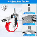 Stainless Steel Caster Wheels 4 inch, 3/8"-16x1 Threaded Stem Locking Casters Set of 4, Non-Marking Slient Polyurethane PU Wheels for Furnitures,Restaurants,Labs,Hospital