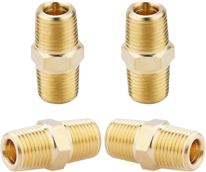 KOOTANS 1/8 NPT x 1/8 NPT Male Solid Brass Hex Nipples, Heavy Brass Pipe Adapter Fittings Equal Nipples Connectors 4Pieces
