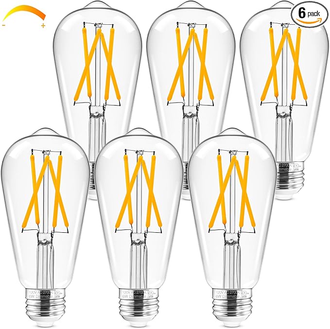 Hizashi LED Edison Bulbs Dimmable, E26 LED Bulb 60 watt, 2700K Soft Warm White, ST19 Vintage Light Bulbs, 95+CRI, UL Listed, 700LM 6W, Clear Glass, Pack of 6