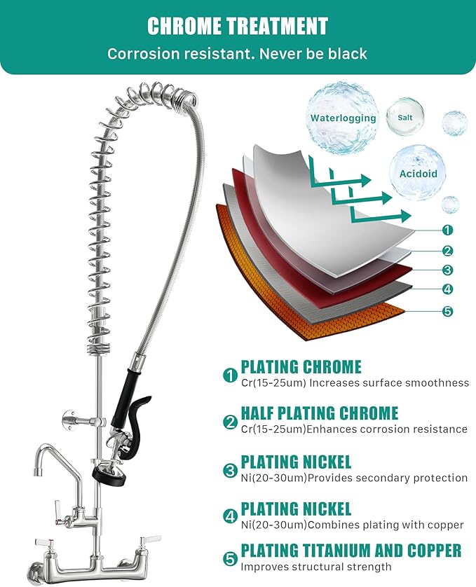 Commercial Kitchen Faucet Heavy Duty Wall Mount Sink Faucet, 8 Inch Center 47 Inch Commercial Kitchen Faucet with Pre-Rinse Sprayer and 14 Inch Add-On Spout for 1,2,3 Compartment Sinks