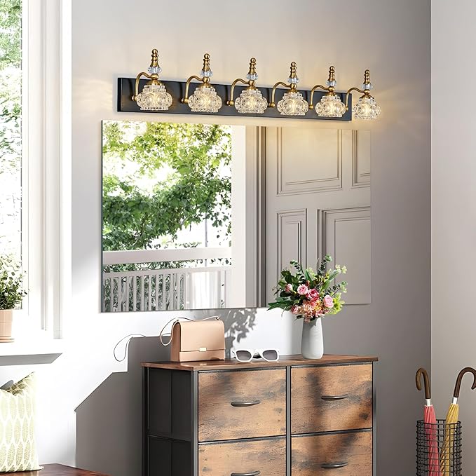 6-Light Vintage Bathroom Vanity Light Fixture Industrial Black Gold with Glass Shade Vanity Light Fixtures Over Mirror Glass Bathroom Vanity Lighting Fixtures G9 Bulb Wall Lights