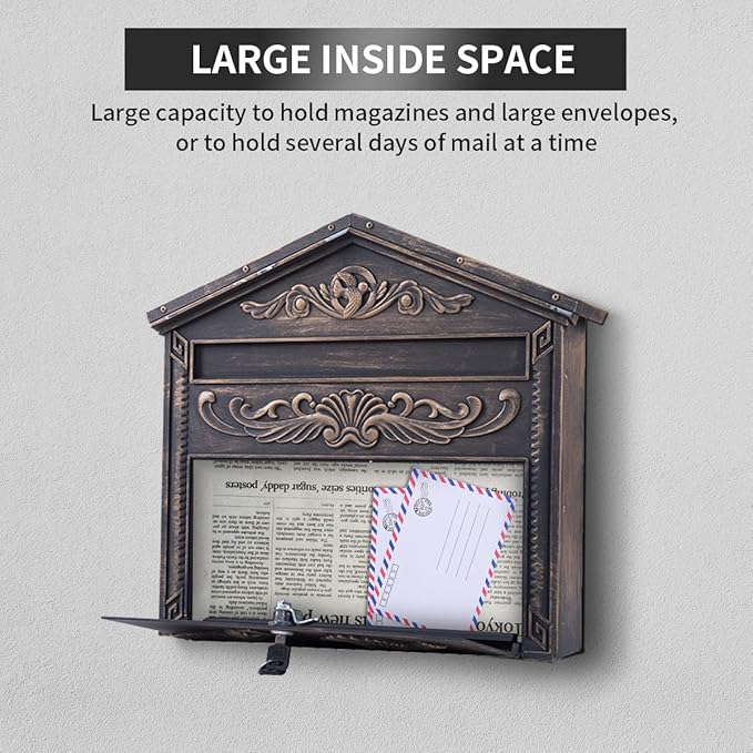 Mailbox Wall Mount,Large Capacity Locking Mailbox for Outside, Rust-Proof Aluminum Hanging Secured Postbox, Security Key Drop Box,15.35 "x 16.14 "x3.54 Retro Bird