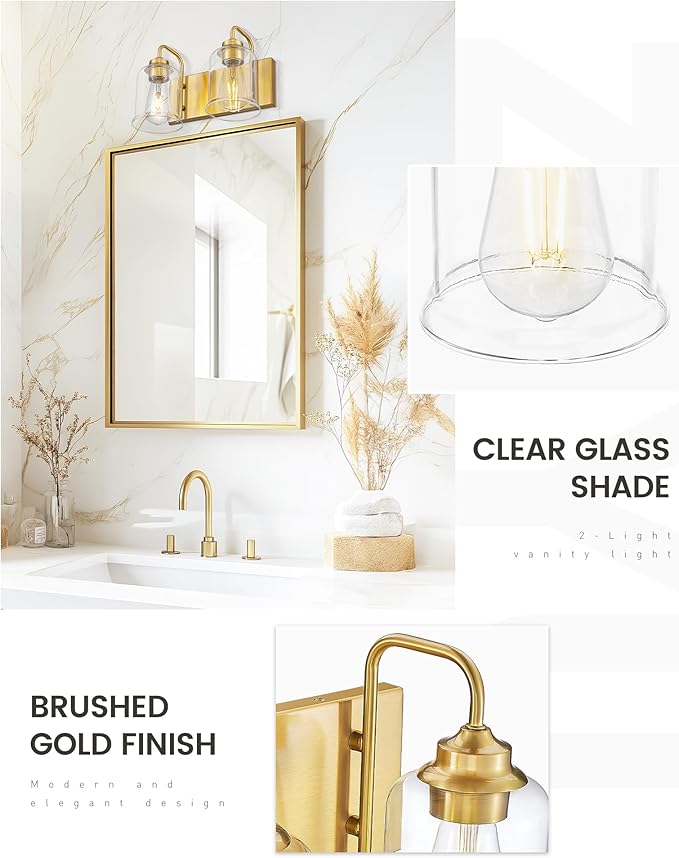 zeyu Bathroom Vanity Light Fixtures, 2-Light Wall Sconce for Bathroom Above Mirror, Gold Vanity Light with Clear Glass Shade, ZSL72B-2W BG