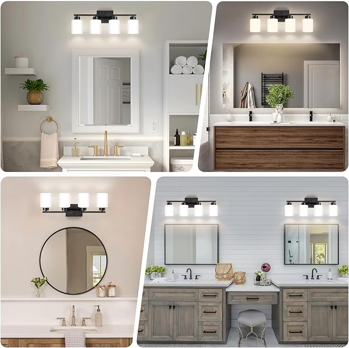 Black Bathroom Light Fixtures, 4-Light Modern Vanity Light Over Mirror, Wall Sconces with Milky White Frosted Glass Shades, E26 Socket (Bulbs Not Included)