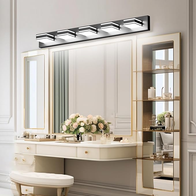 Ralbay Black Vanity Light Fixtures 40.5inch 5-Light Acrylic Modern LED Matte Black Bathroom Wall Vanity Lighting Fixtures Over Mirror