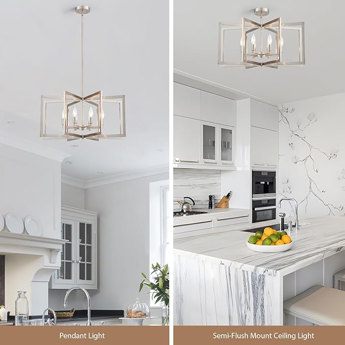 Brushed Nickel Chandelier 8-Light, 26" Large Dining Room Light Fixture Geometric Metal Modern Pendant Hanging Ceiling Lamp for Kitchen Island Living Room Entryway