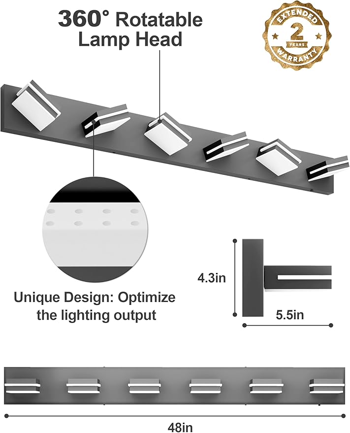 VOLISUN 5CCT Bathroom Light Fixtures Over Mirror, Dimmable, 360°Rotatable Head, 48 inch, 6 Light Bathroom Vanity Light Fixtures, Black LED Vanity Lights for Bathrooms-ETL Certificated