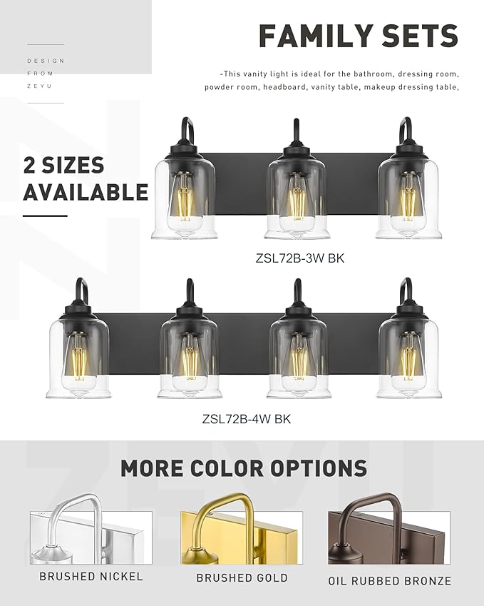 zeyu Modern Bathroom Light Fixtures, 4 Light Vanity Lighting, 28.5' Bathroom Mirror Wall Light, Matte Black Finish with Clear Glass Shade, ZSL72B-4W BK
