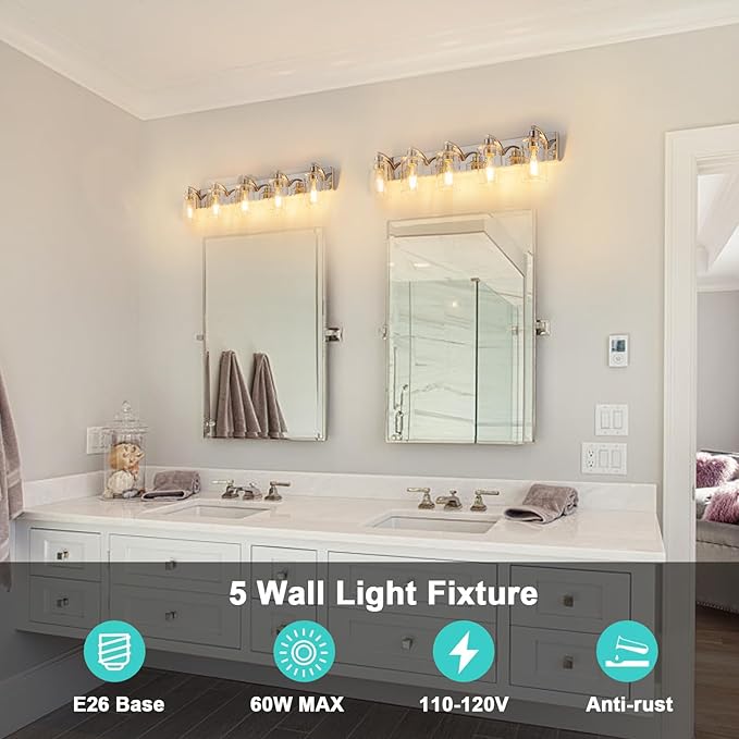 5-Light Bathroom Light Fixtures Modern Chrome Vanity Lights for Bathroom Lighting Fixtures Over Mirror with Clear Glass Shade for Cabinet Mirror Bedroom Hallway