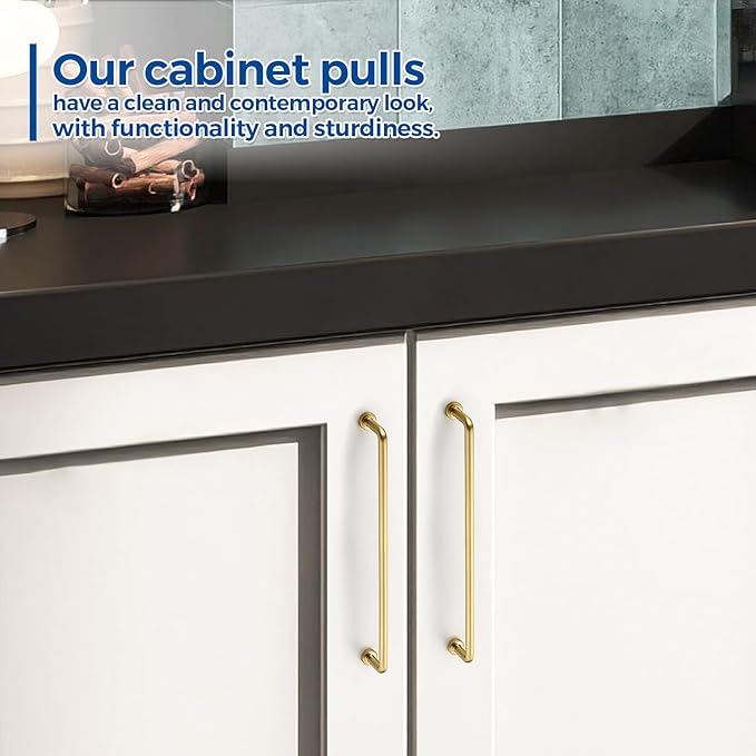 JOY DECOR Cabinet Pulls – 8-3/4 Inch Hole Center, Brushed Brass, 5 Pack, Zinc Alloy Cabinet Handles for Drawers & Cupboard – Vintage Style Hardware for Kitchen, Bathroom, Dresser, Furniture Makeover