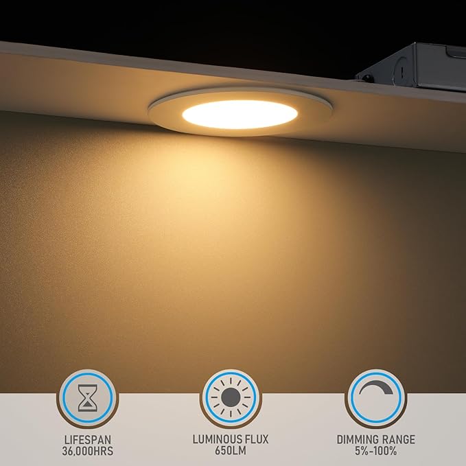 TORCHSTAR Basic Series 12-Pack 4 Inch Ultra-Thin LED Recessed Lighting with Junction Box, Aluminum, 2700K Soft White, 5%-100% Dimmable Slim Recessed Downlight, 10W 650LM, ETL and Energy Star