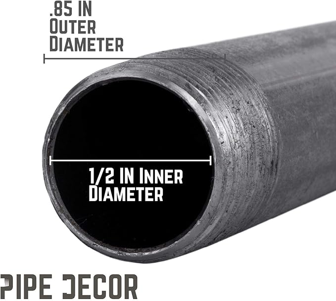 Pipe Decor 1/2” x 60” Malleable Cast Iron Pipe, Pre Cut, Industrial Steel Grey Fits Standard Three Quarter Inch Black Threaded Pipes Nipples and Fittings, Build Vintage DIY Furniture, 4 Pack