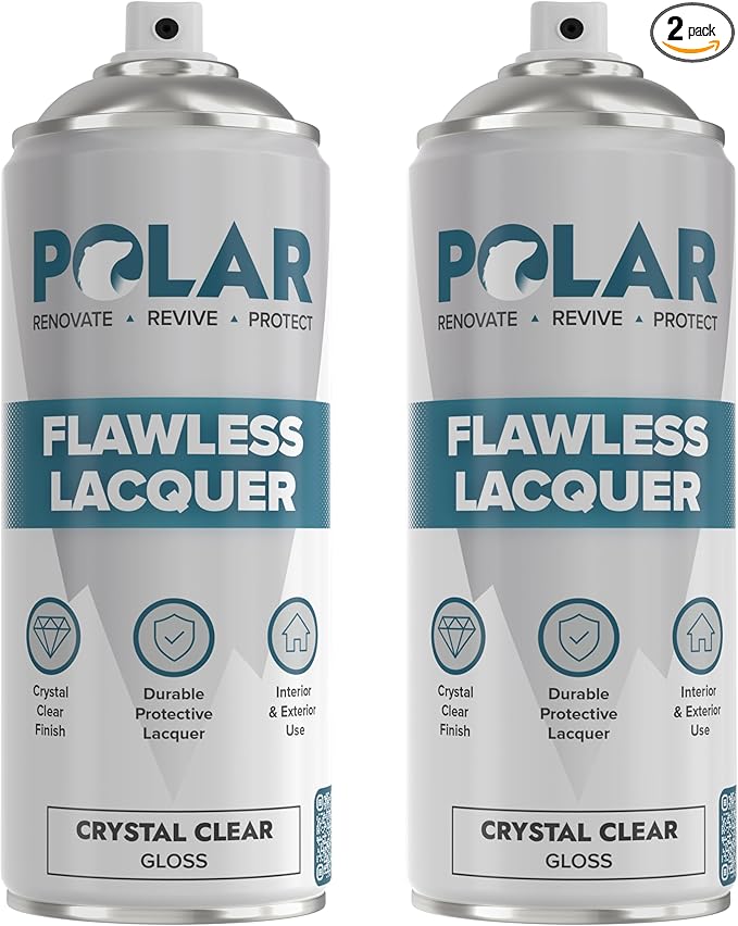 Polar Clear Gloss Flawless Lacquer Spray - 2 x 13.5 Fl Oz - Clear Coat Spray Paint - Non-Yellowing & Scratch Resistant - Interior & Exterior Surfaces for Wood, Metal, Plastics, Glass & Ceramics