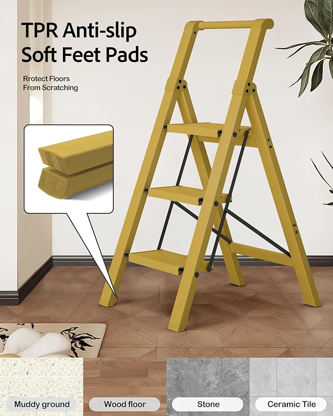 Taranta 3 Step Ladder, Lightweight Aluminum Step Stool with Convenient Handgrip, Folding Ladder with Anti-Slip Pedals, 330lbs Capacity Stepladder for Home, Office, Kitchen - Twilight Yellow