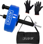 DrainX 35-FT Steel Power Pro Drum Auger Plumbing Snake with Drill Attachment | Use Manually or Powered | Heavy Duty Cable with Work Gloves and Storage Bag Included