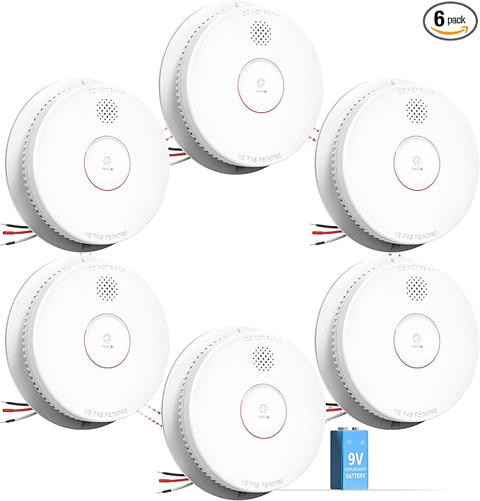 SITERWELL Smoke Detector, Hardwired Interconnected Smoke Detector, Photoelectric Smoke Alarm with 9V Backup Battery, Fire Alarm with Test/Silence Button, UL217-10th Listed, GS562A, 6 Packs
