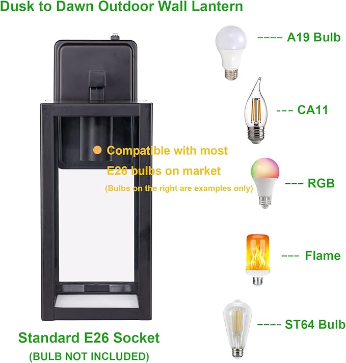 LIT-PaTH Dusk to Dawn Outdoor Wall Lantern, Wall Sconce as Porch Lighting Fixture, E26 Medium Base Max 60W, Anti-Rust Metal with Glass Shade, Black, 1-Pack