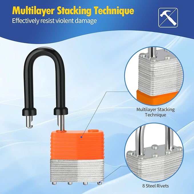 HOX 6-Pack Weather Resistant Padlocks – 40mm Laminated Steel, Chrome Plated with 2-inch Shackle, Vinyl Wrapped, Hardened Steel for Extra Security