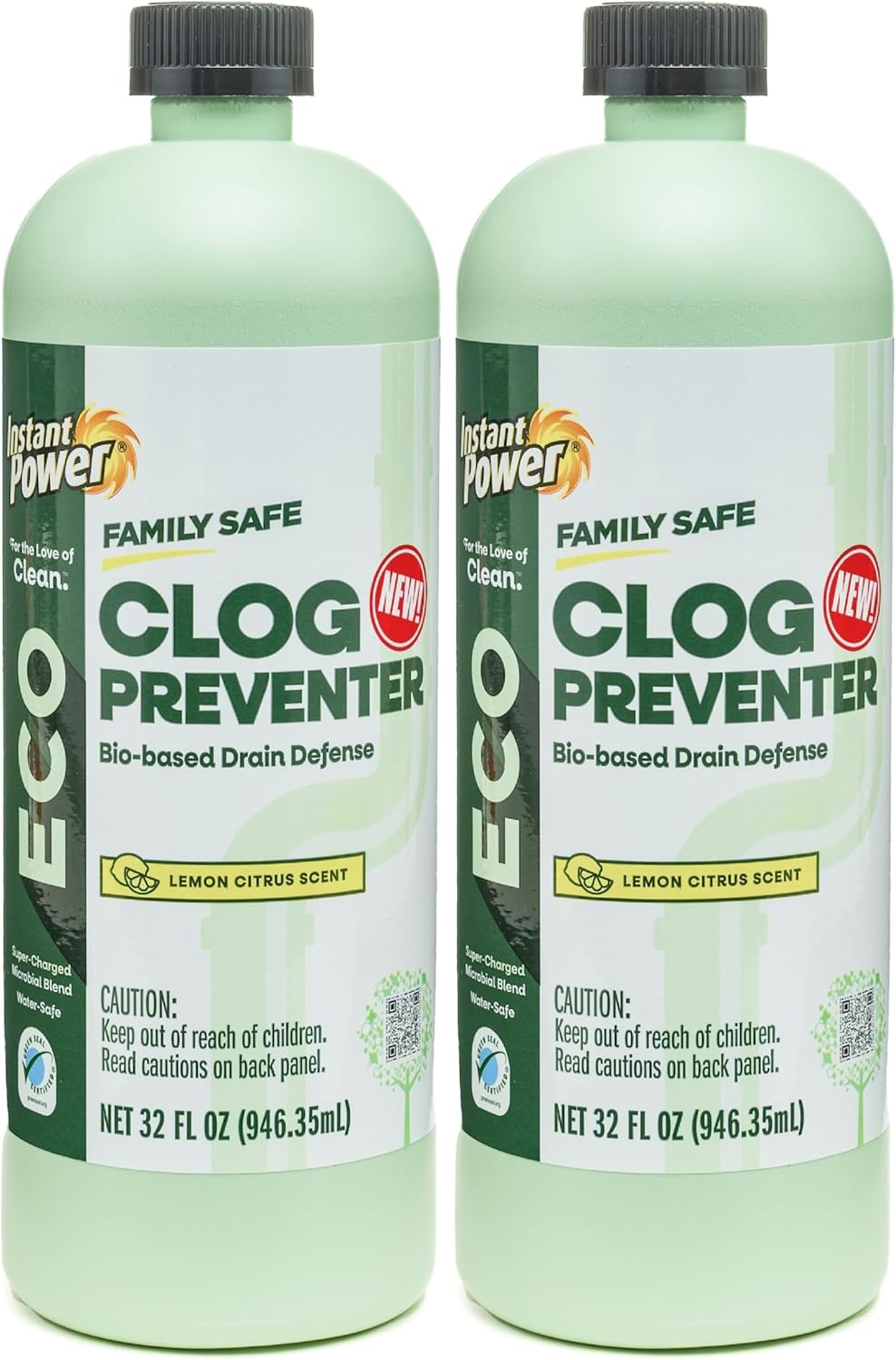 Instant Power Eco Clog Preventer - Enzyme Drain Cleaner Liquid and Deodorizer for Sink, Shower, Toilet, Garbage Disposal Cleaner, Bio-Based Drain Defense, Smell Remover and Odor Eliminator - 32 fl oz
