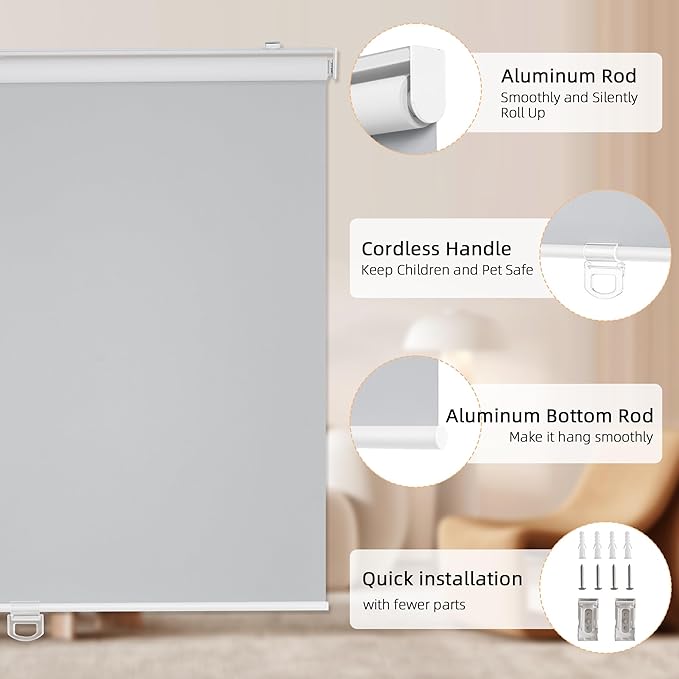 ChrisDowa Cordless Blackout Roller Shades for Windows, Thermal Insulated UV Protection Pull Down Shades, Total Blackout Window Blinds for Home, Office, Bedroom, Door (72" W x 72" H, Grey)