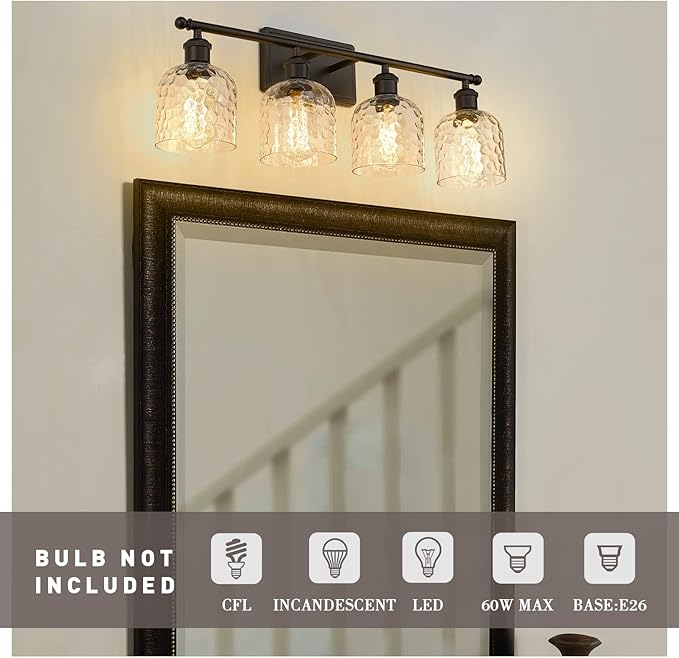 zeyu 4 Light Fixtures for Bathroom Above Mirror, Vintage Vanity Lighting Fixtures, Oil Rubbed Bronze Finish with Clear Hammered Glass, ZJF63B-4W ORB