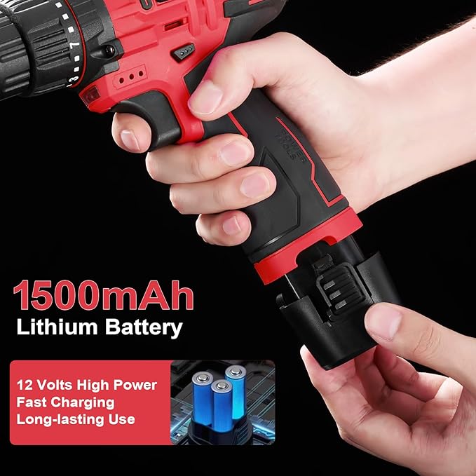 Cordless Drill Tool Set: 12V Power Drill Tool Kit with Battery & Charger, 142Pcs Home Hand Repair Tools Box, Portable Household Basic Drills Case for Men & Women, Red