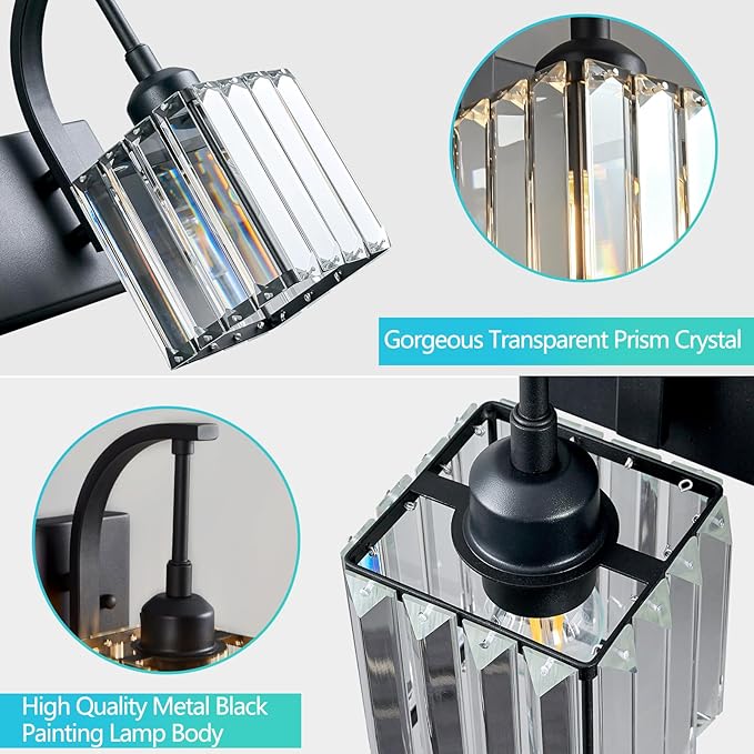 Crystal Vanity Lights 4-Light Black Bathroom Vanity Lights Modern Crystal Bathroom Light Fixtures Over Mirror 32.67" Long Vanity Light for Bathroom