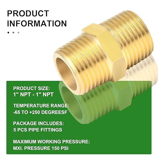 TAISHER 5PCS Brass Pipe Fitting Adapter, Hex Nipple, 1-Inch Male Pipe x 1-Inch Male Pipe