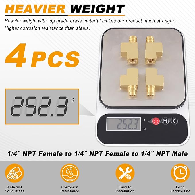 KOOTANS 4 Pack Brass Tee Fittings 1/4" NPT Female to 1/4" NPT Female to 1/4" NPT Male Barstock Street Tee Fittings 3 Way Brass Pipe Fitting