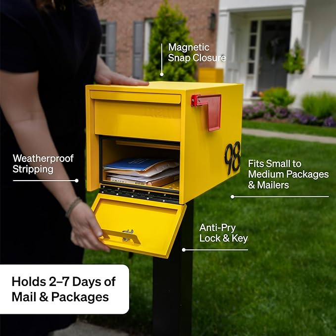 Adoorn Lockable Post Mount Mailbox | Small (Aegean Sea), Size 12 x 12 x 18.5 (HxWxD) Anti-Theft Locking Mailbox with 2 Keys, Modern Mailbox with Flag, Weatherproof Mailboxes for Outside