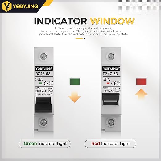 DC Circuit Breaker 50 Amp Solar Panel Disconnect Switch 12V-500V 1 Pole Miniature Solar Circuit Breaker for Outdoor PV Homes Battery, AC 110V DIN Rail MCB
