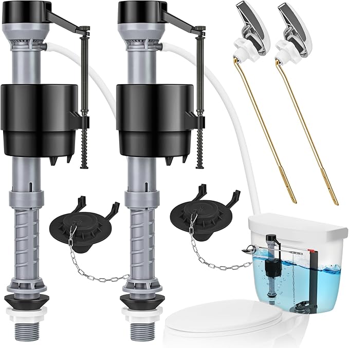 Universal Toilet Flusher Replacement Kit, Water-Saving & Height Adjustable Fill Valve, 2-Inch Flapper, Toilet Handle Lever, Quiet & Anti-Siphon Toilet Repair Kit Inside Tank (Black, 2-Pack)