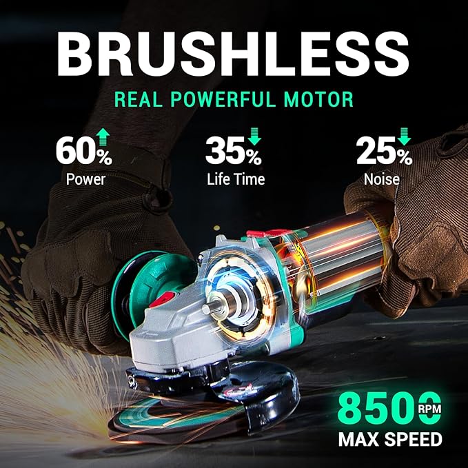 DCA Cordless Angle Grinder 4-1/2 inch, 20V Brushless Motor 8500RPM, Battery Grinder Tool-Free Guard, 4.0Ah Battery & Charger, Power Electric Cut Off Tool with 6 Discs for Cutting, Grinding, Polishing