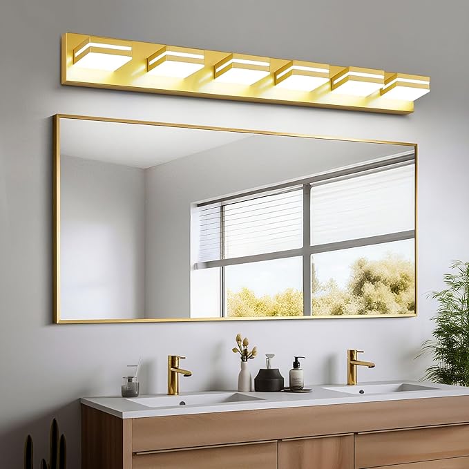 Modern LED Bathroom Lights Fixtures(6-Light),Metal Gold Acrylic Wall Lighting,Vanity Lights for Bathroom Over Mirror(6000k 41In