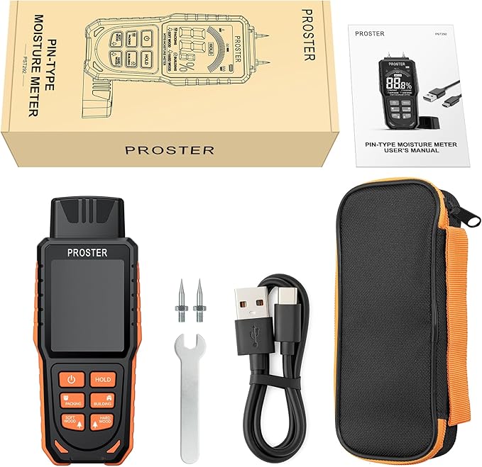 Proster Rechargeable Moisture Meter with Tri-Colour Display – Wall Damp Meter with Visual & Sound Alerts, Professional Damp Detector for Timber, Walls, Cement, and Building Materials