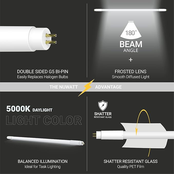NUWATT 30 Pack, 4FT T5 LED Tube Lights Type A+B, Hybrid T5 LED Bulbs 5000K Daylight, High Brightness 3200LM 24W, Plug & Play or Ballast Bypass, Dual Ended Power, T5 Replacement for Fluorescent, UL, G5