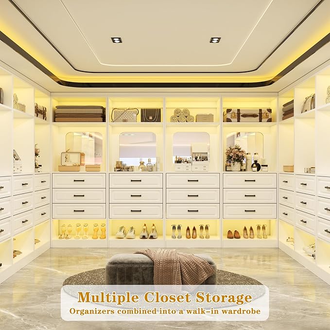 Unikito 100" Freestanding Closet System with Drawers, 8FT Closet Organizer Wardrobe with Storage Shelves and Mirror, Heavy Duty Wood Walk-in Closet Towers for Bedroom, Max Load 2000 LBS, White