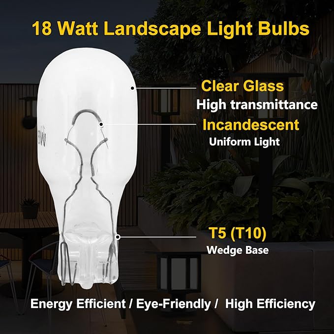 12 Pack 18 Watt T5 T10 Landscape Light Bulbs,12 Volt Low Voltage Clear Incandescent Light Bulb for Outdoor Landscape Lighting,RV, Under Cabinet Light Bulbs,Warm White Wedge Bulb