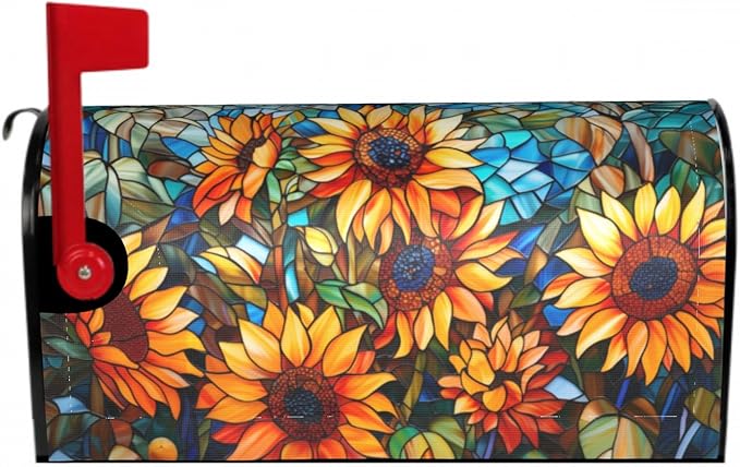 Giwawa Stained Glass Sunflower Mailbox Covers Magnetic for Fall Mailbox Cover Large Autumn Mail Box Covers Oversized 25.5 x 21 Thanksgiving Decorations Outdoor Welcome Mailbox Wrap