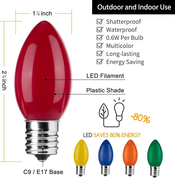 Brightown C9 LED Replacement Christmas Bulbs, 50 Pack Multicolor Shatterproof C9 Bulbs, Waterproof Commercial LED Holiday Bulb for Christmas String Light, E17 Intermediate Base, Dimmable