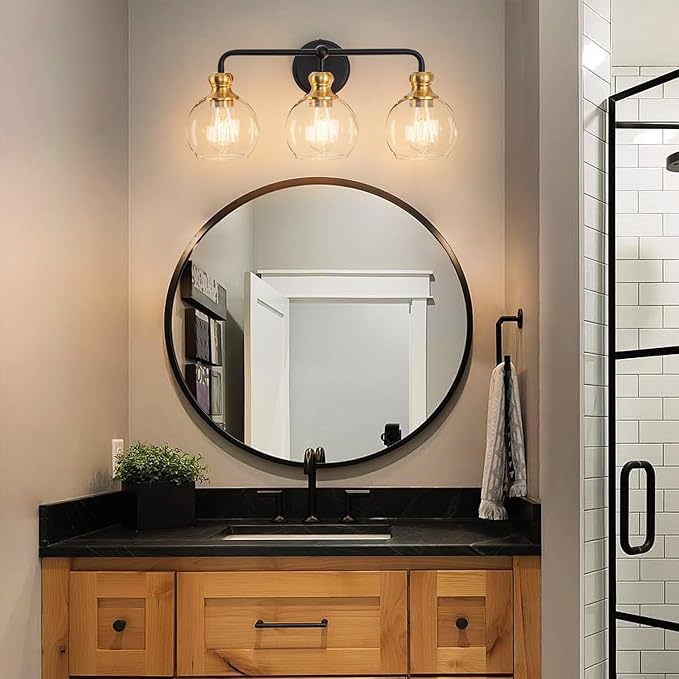 Black and Gold 3-Light Bathroom Vanity Fixture with Clear Glass Shades Modern Wall Lamp Suitable for Bathrooms, Dressing Rooms