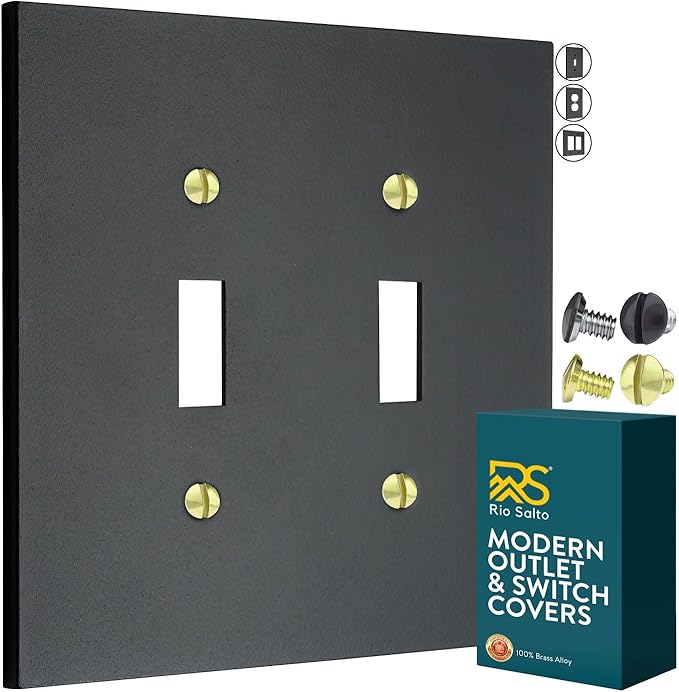 RIO SALTO Modern Metal Matte Black Double Toggle Light Switch Cover Metal Decorative Toggle Switch Covers Wall Plate Outlet Cover Black Wall Electric Outlet Socket Double Togle - Midsize 2 Gang